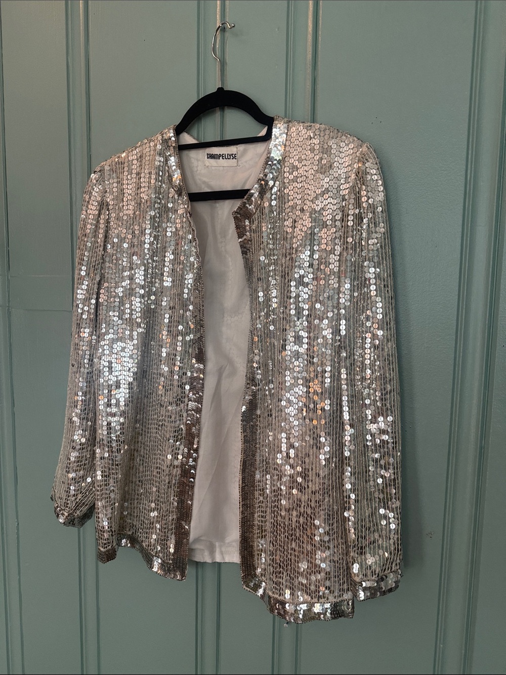 Vintage 70s 80s Champ Ellyse Silver Sequin Blazer Jacket w Disco Festival Vibes - Picture 2 of 12